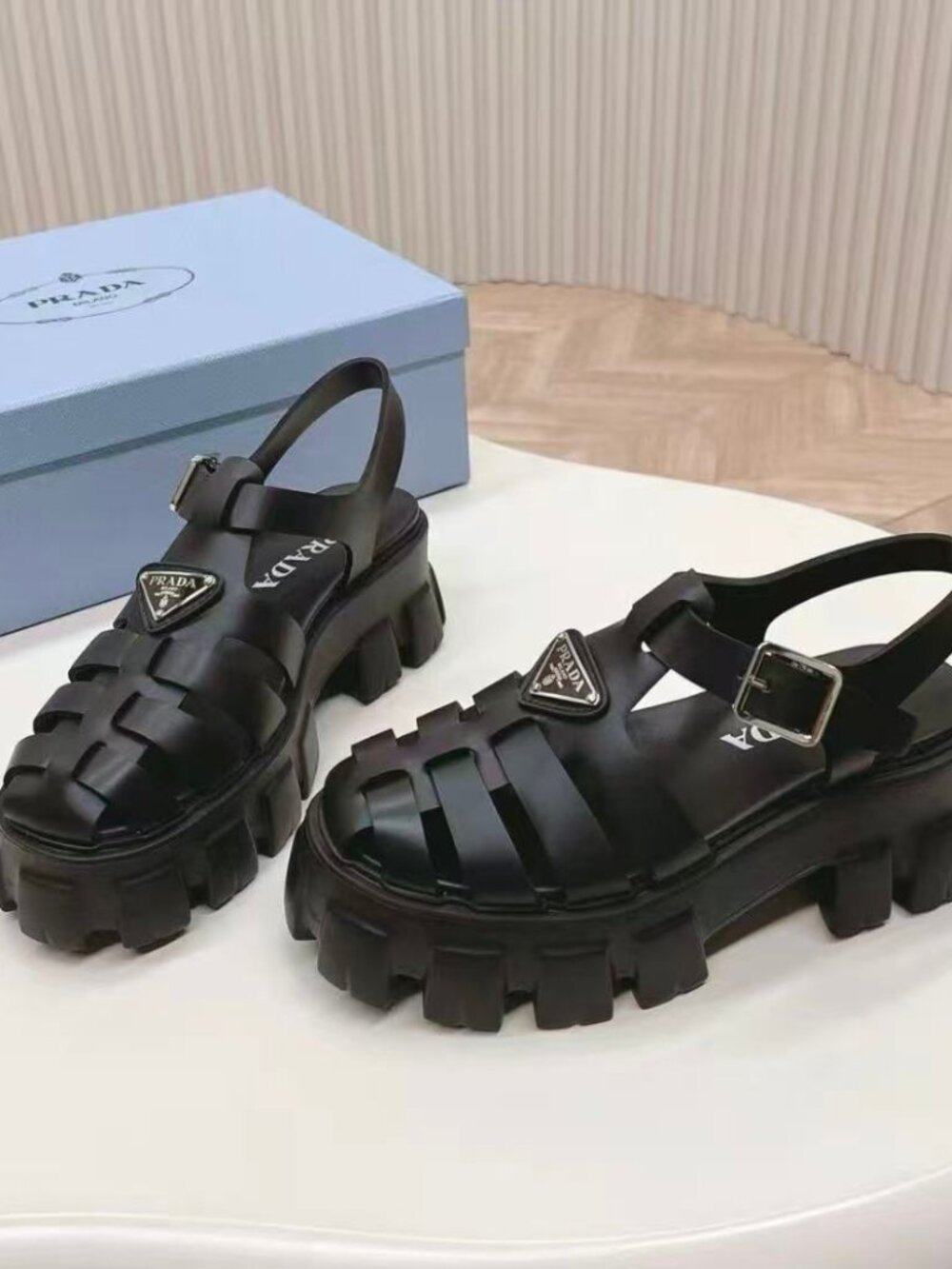 Prada Black Woven Cage Lug Platform Fisherman Sandals Triangle Logo - Picture 2 of 6